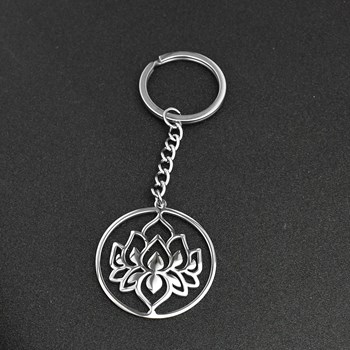 Lotus flower key ring in stainless steel circle