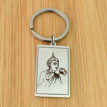 Buddha spiritual lotus flower key ring in stainless steel rectangle