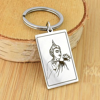 Buddha spiritual lotus flower key ring in stainless steel rectangle