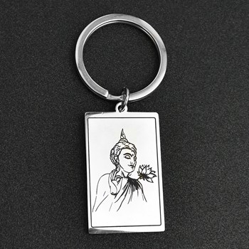 Buddha spiritual lotus flower key ring in stainless steel rectangle