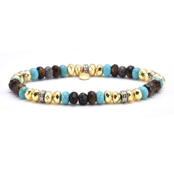 Bracelet Acier Perles Facettées Hématite Turquoise Et Oeil De Tigre