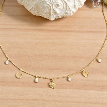 Collier porte bonheur chance coeur trèfle fer à cheval et oxydes de zirconiums Plaqué OR 750 3 microns