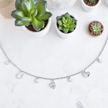 Lucky heart necklace with horseshoe clover and zirconium oxides Silver 925 Rhodium plated