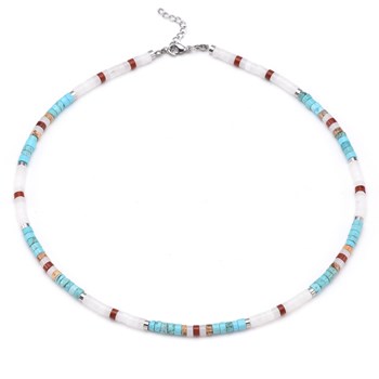 Collier Perles Heishi Turquoise Jaspe Rouge Paysage Et Blanc-38 cm