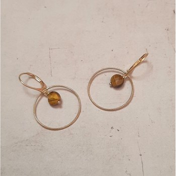 Boucles d'Oreilles Krahô OEil de Tigre Argent 925 Doré