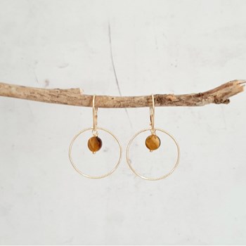 Boucles d'Oreilles Krahô OEil de Tigre Argent 925 Doré