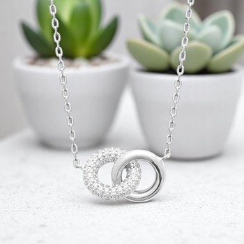 Necklace 2 interlaced rings zirconium oxides Silver 925 Rhodium