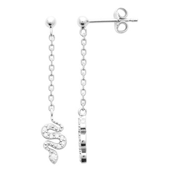 Boucles d'oreilles animal serpent serti d'oxydes de zirconiums avec chainette Argent 925 Rhodié