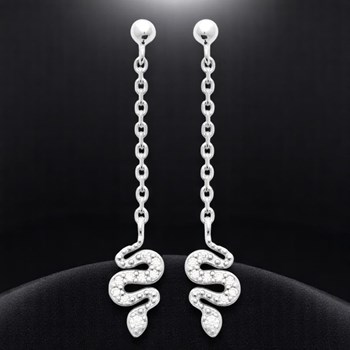 Boucles d'oreilles animal serpent serti d'oxydes de zirconiums avec chainette Argent 925 Rhodié