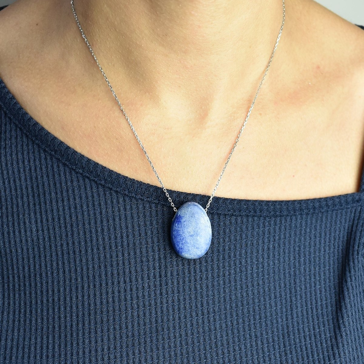 Collier pierre naturelle aventurine couleur bleue et blanche Argent 925 Rhodié - vue 3