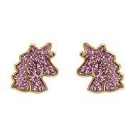 Puces d'oreilles Brillaxis tête de licorne rose_x000D_
or jaune 9 carats