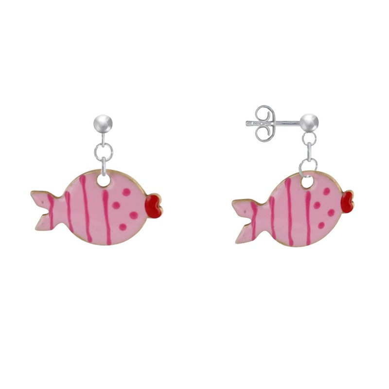 Boucles d'Oreilles Argent 925 Petit Poisson à Pois et Lignes Emaillées