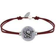 Bracelet Lien Médaille Ronde Martelée Laiton Argenté Ange Raphaël - Marron foncé