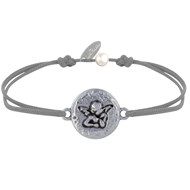 Bracelet Lien Médaille Ronde Martelée Laiton Argenté Ange Raphaël - Gris clair