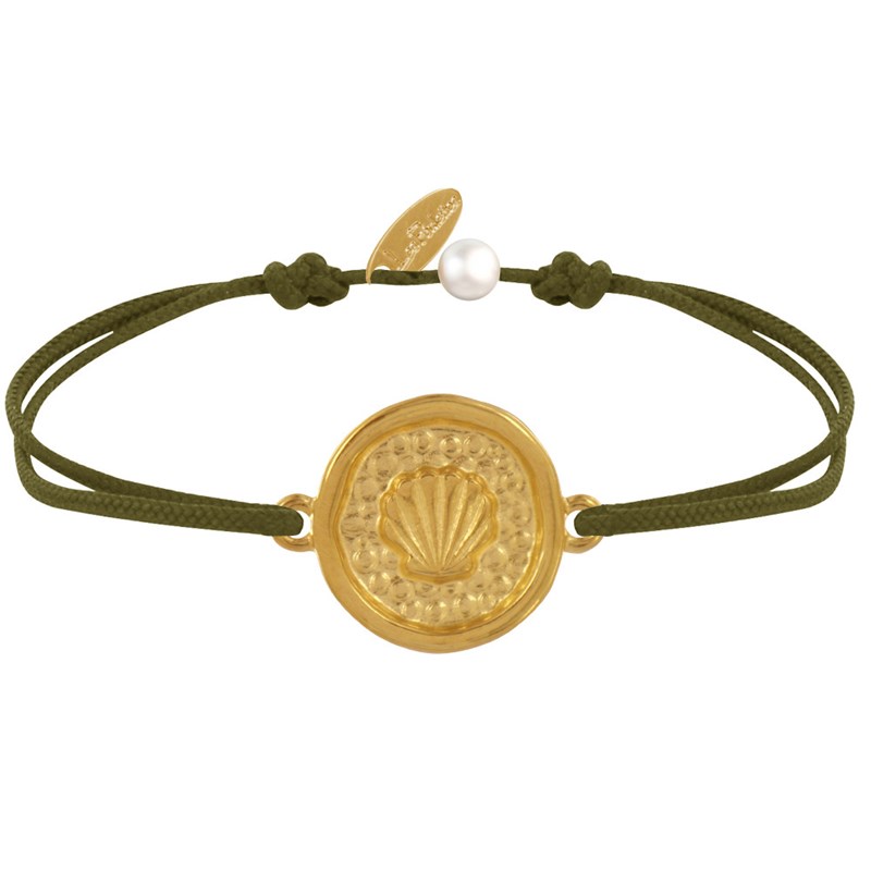 Bracelet Lien Médaille Ronde Laiton Doré Coquillage - Vert kaki