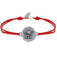 Bracelet Lien Médaille Ronde Martelée Laiton Argenté Ange Raphaël - Rouge