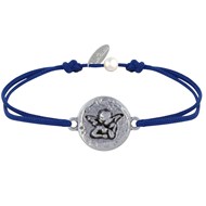 Bracelet Lien Médaille Ronde Martelée Laiton Argenté Ange Raphaël - Bleu Navy