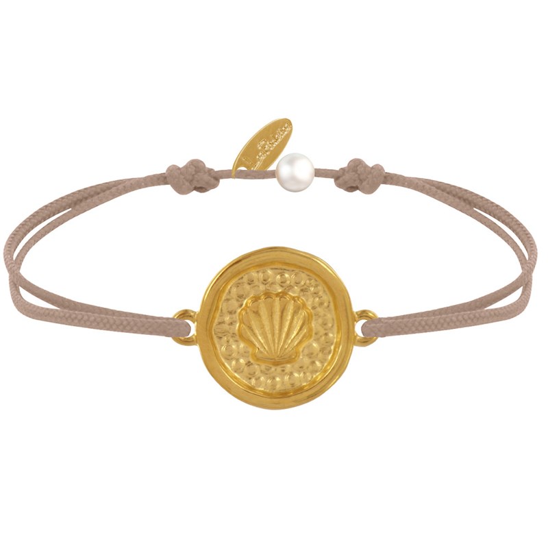 Bracelet Lien Médaille Ronde Laiton Doré Coquillage - Beige