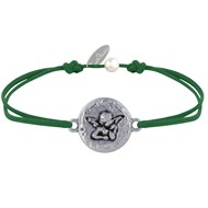 Bracelet Lien Médaille Ronde Martelée Laiton Argenté Ange Raphaël - Vert Foncé