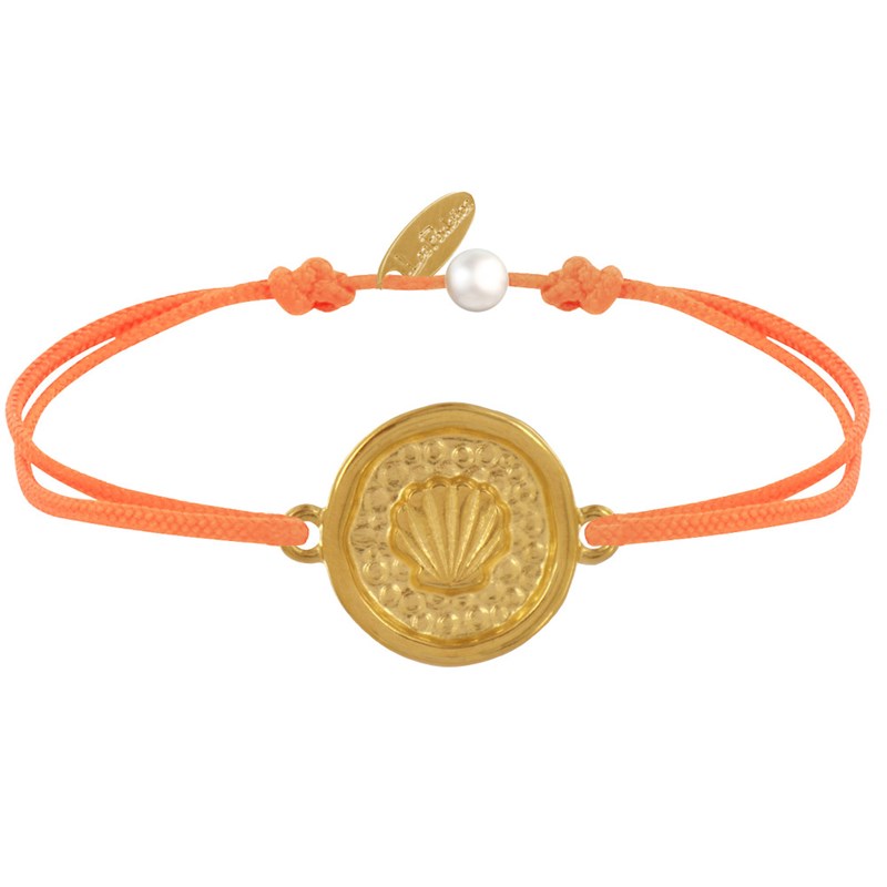 Bracelet Lien Médaille Ronde Laiton Doré Coquillage - Orange