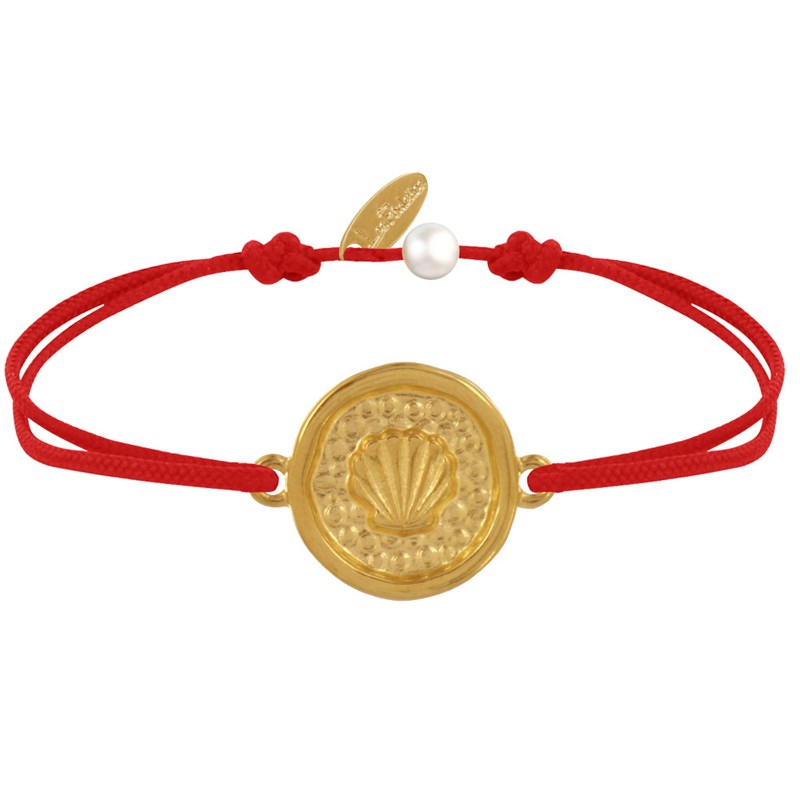 Bracelet Lien Médaille Ronde Laiton Doré Coquillage - Rouge