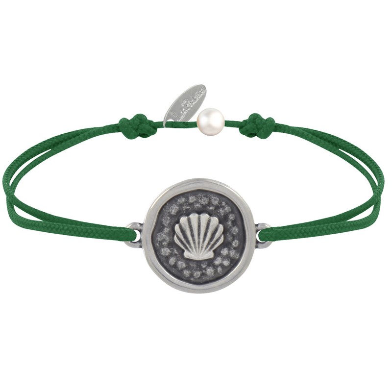 Bracelet Lien Médaille Ronde Laiton Argenté Coquillage - Vert Foncé