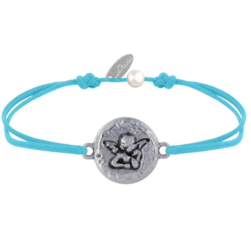 Bracelet Lien Médaille Ronde Martelée Laiton Argenté Ange Raphaël - Turquoise