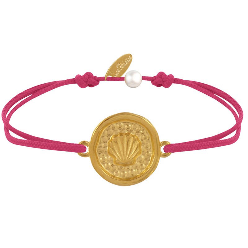 Bracelet Lien Médaille Ronde Laiton Doré Coquillage - Fuchsia