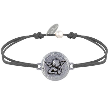 Bracelet Lien Médaille Ronde Martelée Laiton Argenté Ange Raphaël - Gris