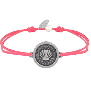 Bracelet Lien Médaille Ronde Laiton Argenté Coquillage - Rouge Fluo