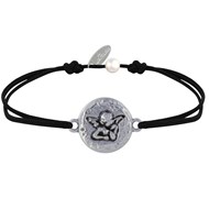 Bracelet Lien Médaille Ronde Martelée Laiton Argenté Ange Raphaël - Noir