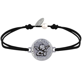 Ronde gehamerde messing Raphael engel medaille schakelarmband - zwart