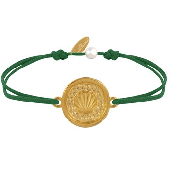 Bracelet Lien Médaille Ronde Laiton Doré Coquillage - Vert Foncé