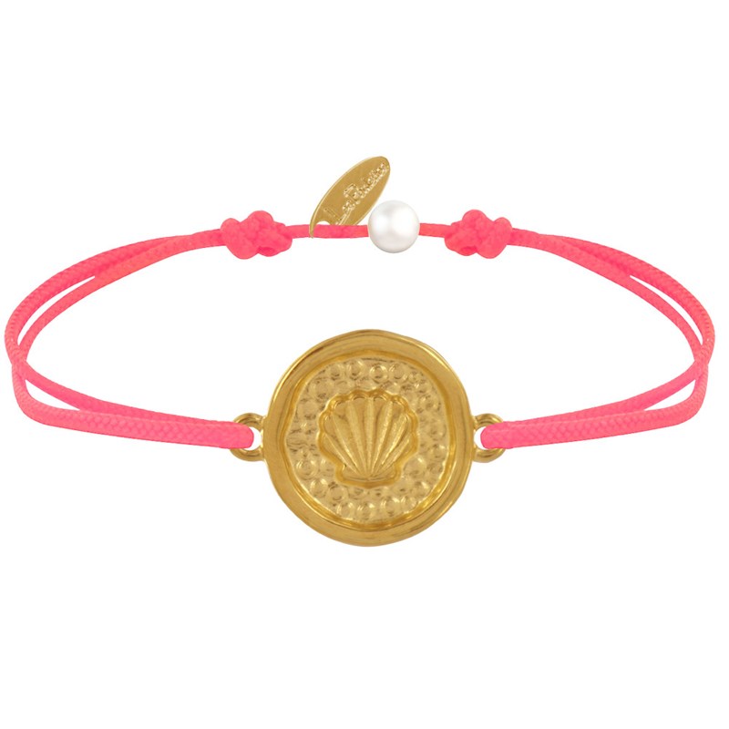 Bracelet Lien Médaille Ronde Laiton Doré Coquillage - Rouge Fluo