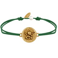 Bracelet Lien Médaille Ronde Martelée Laiton Doré Ange Raphaël - Vert Foncé