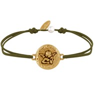 Bracelet Lien Médaille Ronde Martelée Laiton Doré Ange Raphaël - Vert kaki