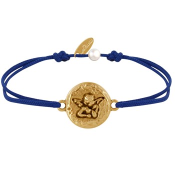 Bracelet Lien Médaille Ronde Martelée Laiton Doré Ange Raphaël - Bleu Navy