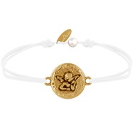 Bracelet Lien Médaille Ronde Martelée Laiton Doré Ange Raphaël - Blanc