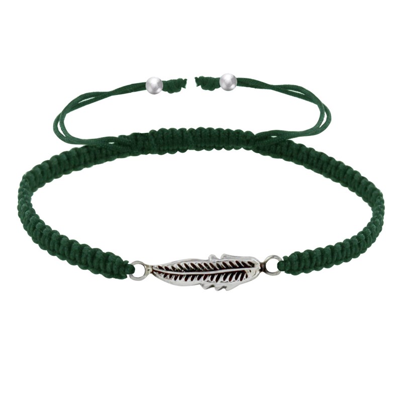 Bracelet Argent Plume Lien Tréssé - Vert Foncé