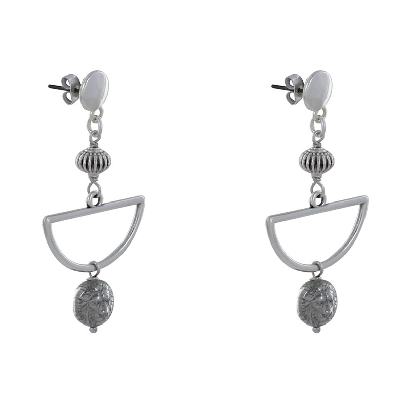 Boucles d'Oreilles Clous Métal Argenté Demi Lune et Perle Tête de Lion - vue 3