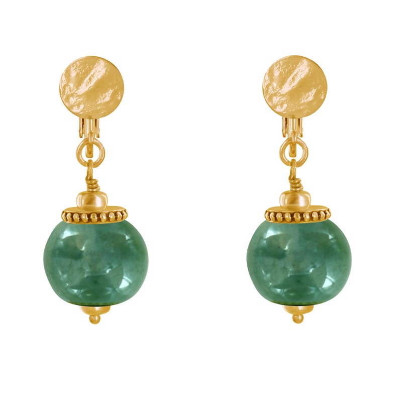 Boucles d'Oreilles Clip Métal Doré et Grosses Perles en Céramique - vue 2