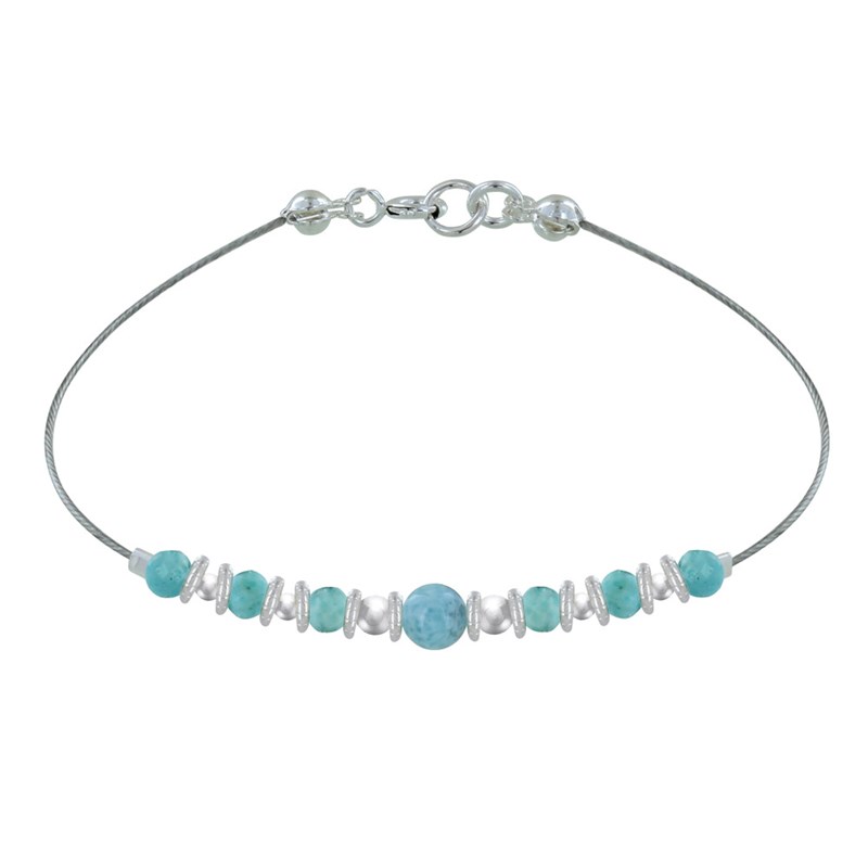 Bracelet Câble Sept Perles de Larimar Anneaux et Perles Argent