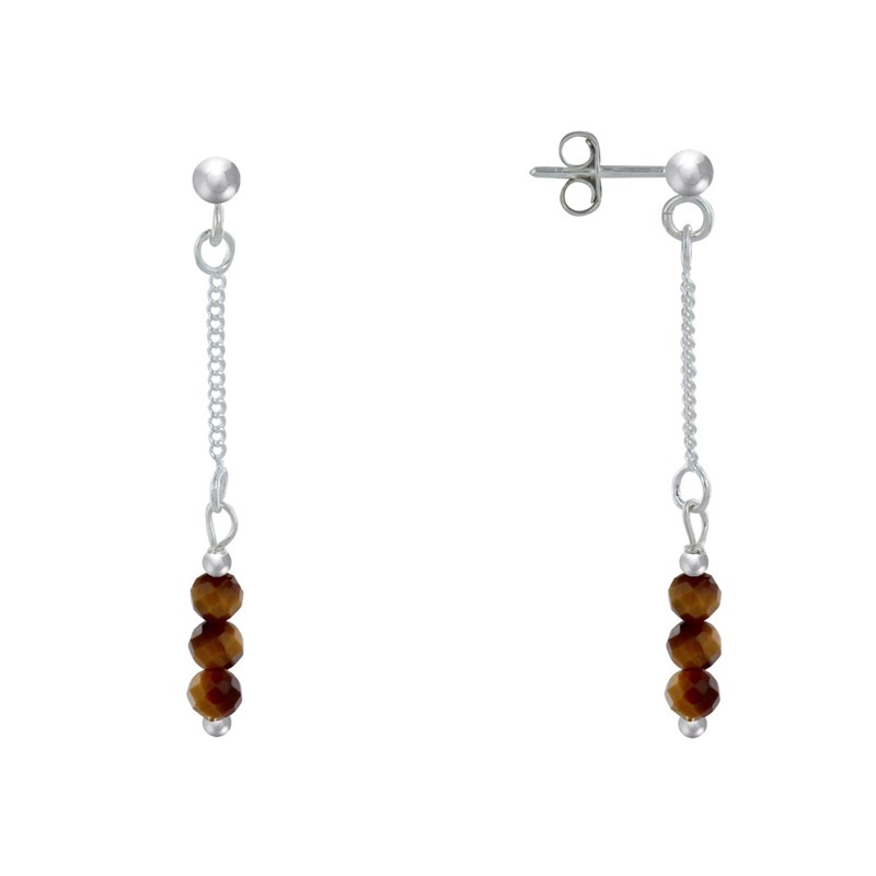 Boucles d'Oreilles Argent Chainette 3 Perles Facettées d'Oeil de Tigre