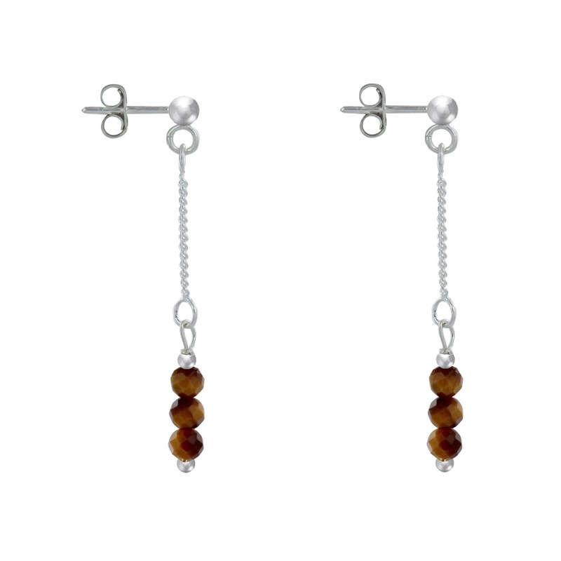 Boucles d'Oreilles Argent Chainette 3 Perles Facettées d'Oeil de Tigre - vue 3