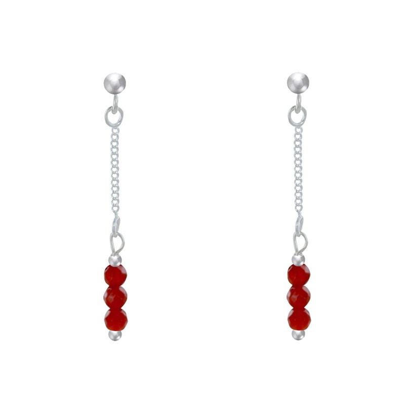 Boucles d'Oreilles Argent Chainette 3 Perles Facettées de Cornaline - vue 2