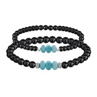 Duo Bracelets Homme et Femme Perles d'Hématites et Trois Anneaux de Larimar