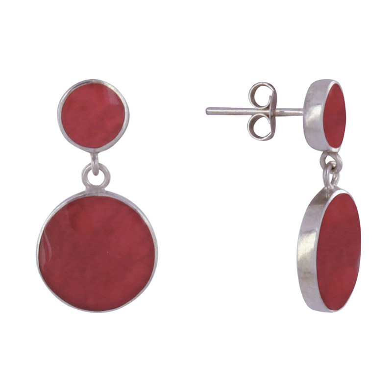 Boucles d'Oreilles Clous Argent et Deux Pastilles Couleur Corail