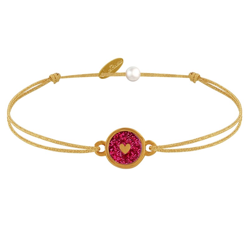 Bracelet Lien Médaille Laiton Doré Ronde Coeur Emaillée Rouge Pailletée - Or