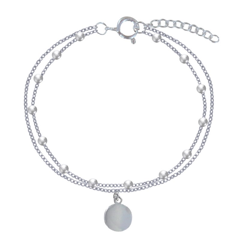 Bracelet Argent Billes Double Chaines et Médaille Ronde