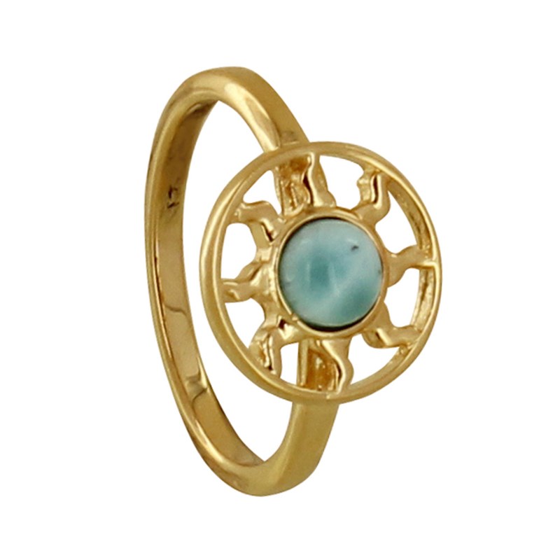 Bague Plaqué Or Médaille Ronde Soleil Ajouré et Demi Perle de Larimar